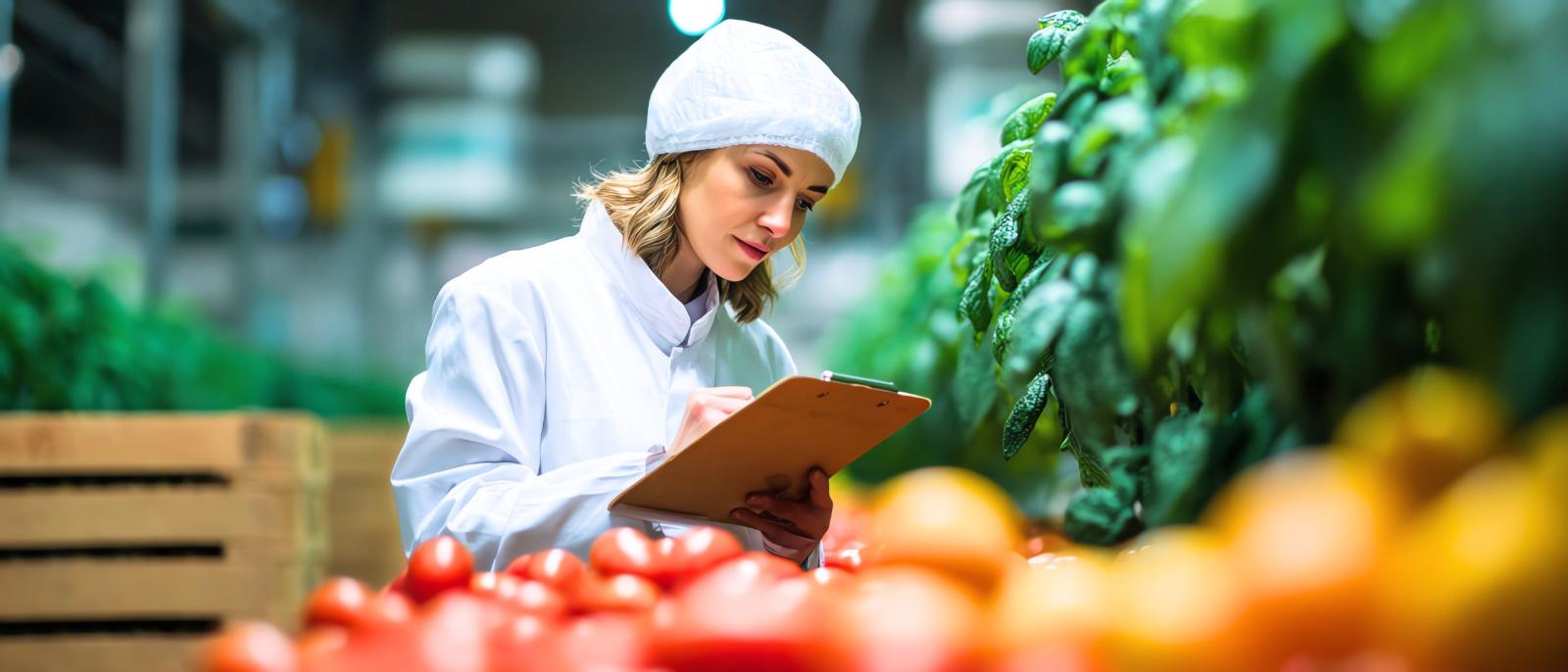 Quality technician inspecting fresh produce against a checklist