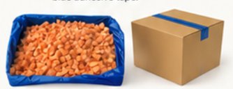 Blue food-grade liner bag of diced product beside a plain carton