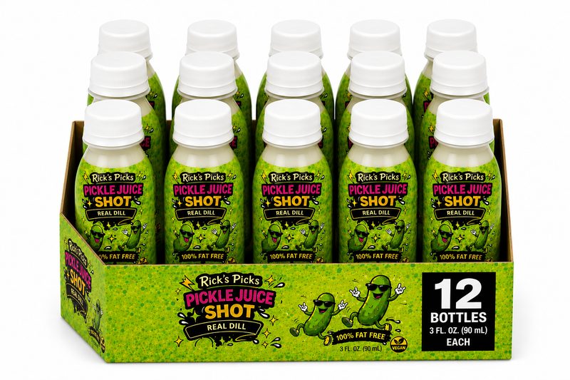 A twelve-bottle retail case of Pickle Juice Shot