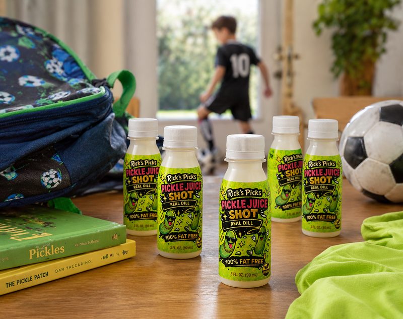 Bottles of pickle juice shots beside a football and a school bag