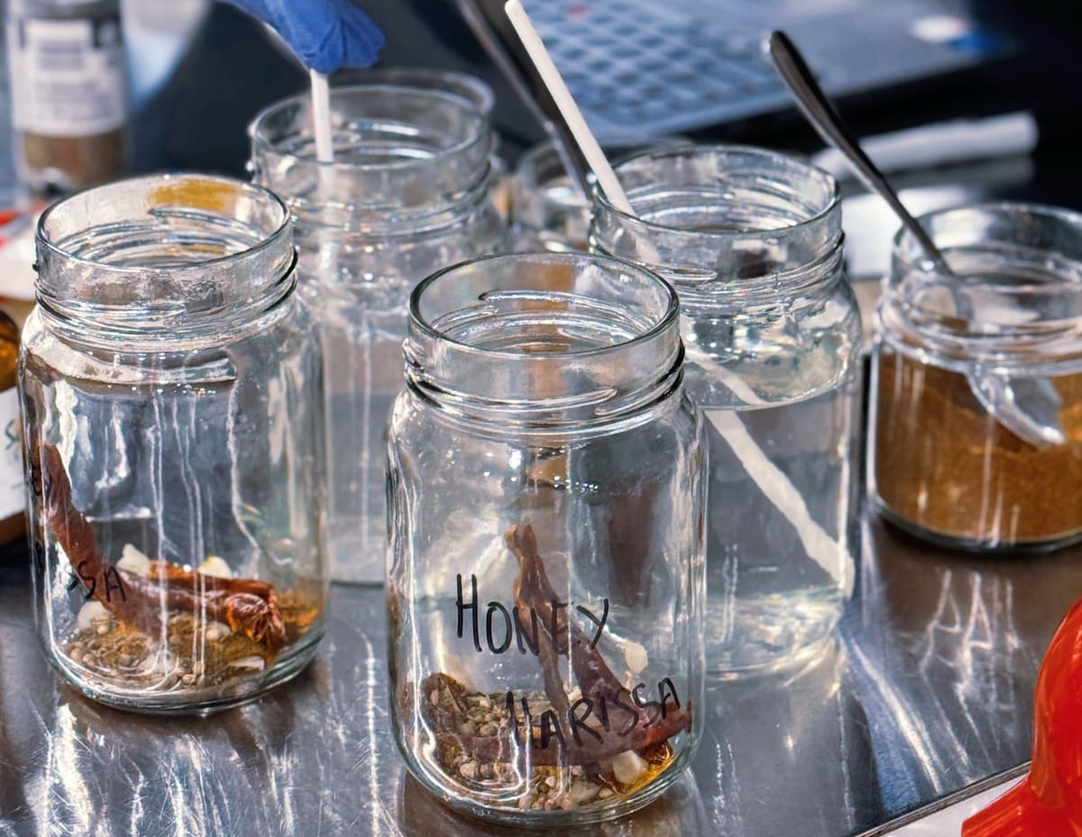 Gloved hand sampling into labelled trial jars of spices and chillies on a development bench